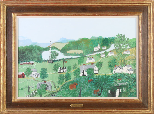 Grandma Moses signed oil painting ‘Quiet Village,’ Kamelot Auctions image.